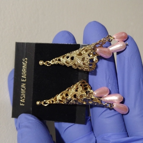 Women's Gold-tone Filigree Cone Shape Design Beaded Drop Dangle Earrings, #1 - Picture 3 of 5